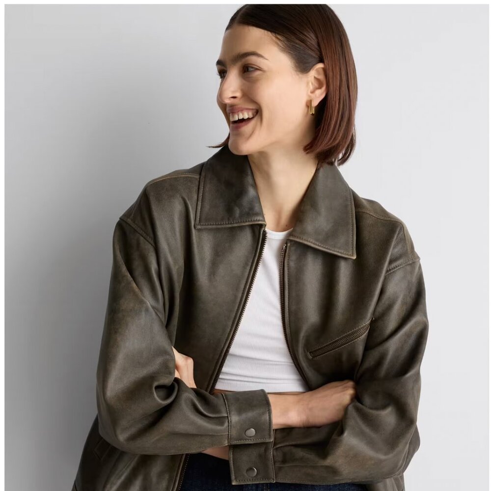 NWT Quince Leather Oversized Bomber Jacket